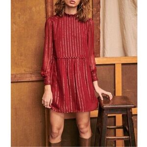 SEZANE Burgundy Metallic Gold Silver Striped Long Sleeve Silk Odile Mini Dress
